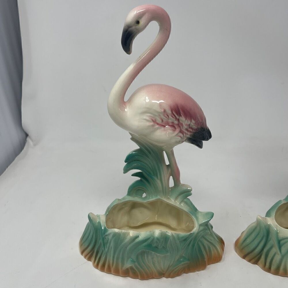 Fabulous 1950s Kitsch FLAMINGO Planter 10" TALL Hand Decorated Made in Japan Set - Picture 5 of 10